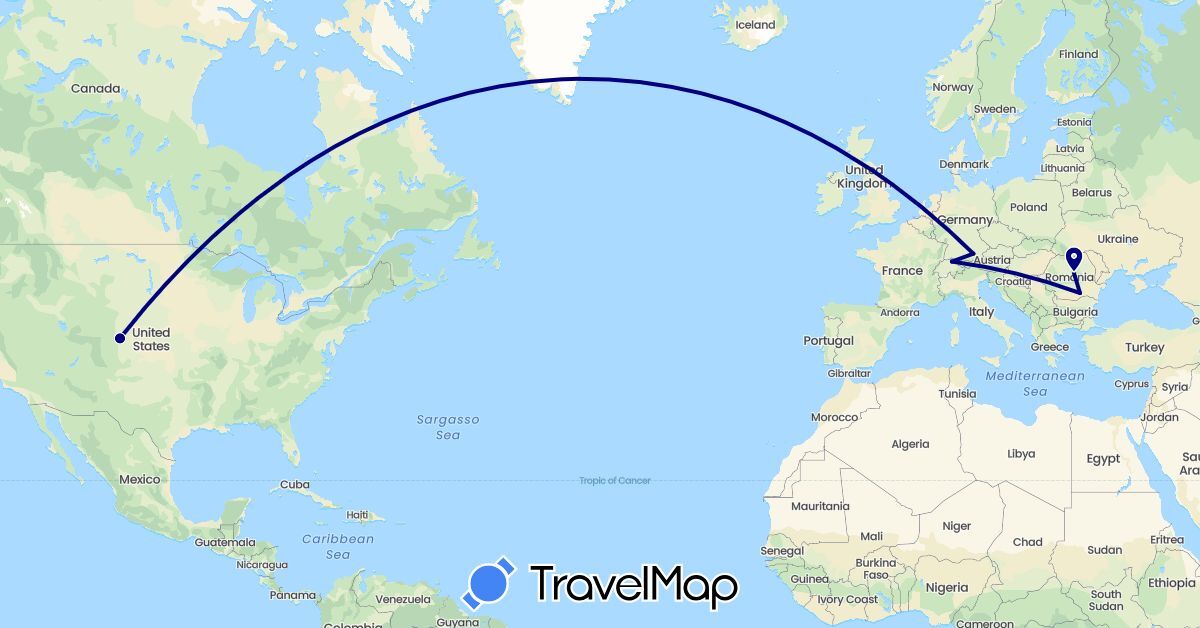TravelMap itinerary: driving in Switzerland, Germany, Romania, United States (Europe, North America)